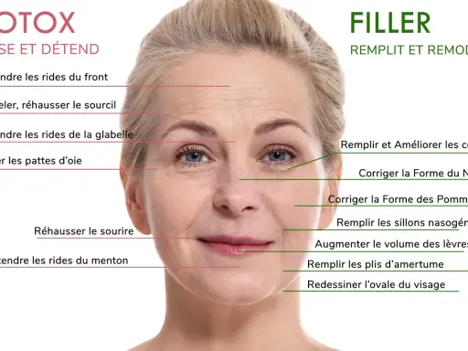 Une femme montre les zones du visage traitées par Botox et Filler. Le sillon nasogénien est une zone ciblée par le Filler pour un effet rajeunissant.