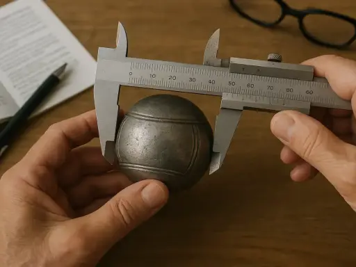 Comment mesurer le diamètre d'une boule de pétanque : un pied à coulisse mesure une boule métallique sur un bureau en bois.