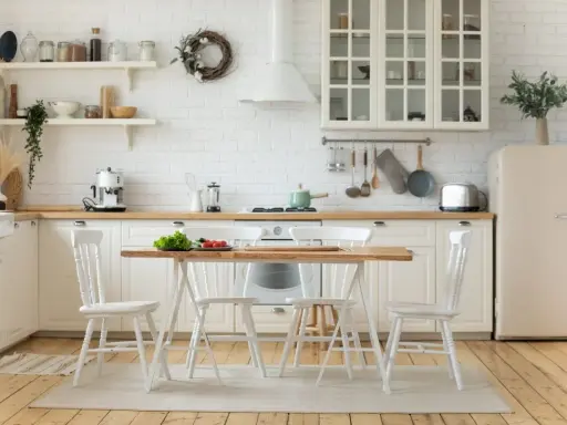 Tavolo da cucina con sedie bianche, un tagliere, pomodori e lattuga. Ideale per pensare a cosa mettere sul tavolo della cucina.
