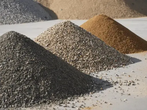 Montones de áridos para hormigón en España. Arena, grava y piedra, ingredientes clave para una tabla dosificación hormigón perfecta.