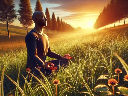 Man i lotusställning i soluppgången, omgiven av daggvått gräs. En stund av mantra meditation i naturens lugn.