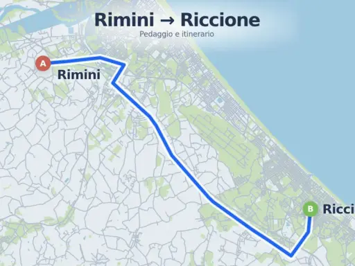 Mappa che mostra la distanza Rimini Riccione con un percorso blu che collega le due città.