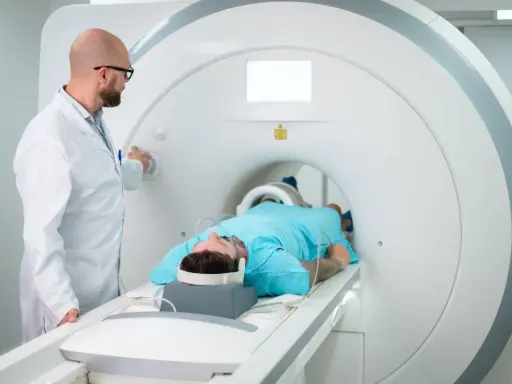 Lekarz nadzoruje badanie rezonansem kolana pacjenta leżącego w aparacie MRI.