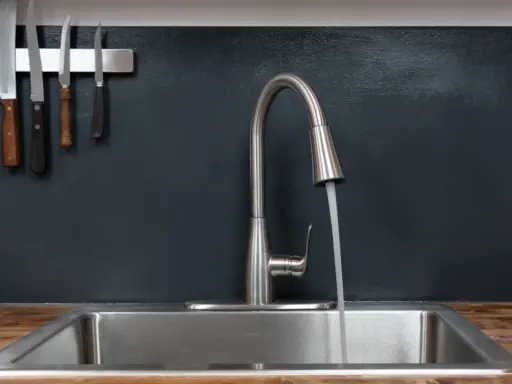 Moderner Küchenwasserhahn für Untertischboiler, der Wasser in ein Spülbecken laufen lässt. Messer hängen an der Wand.