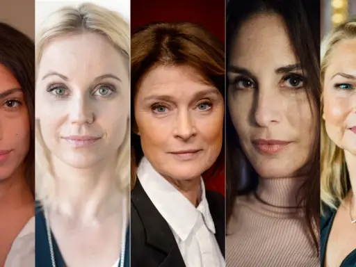 Fem svenska kvinnliga skådespelare i en collagebild. Deras ansikten visas i närbild, med olika uttryck och åldrar.