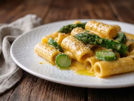 Rigatoni cremosi con asparagi freschi, un'interpretazione primaverile della carbonara di asparagi, conditi con pepe nero.