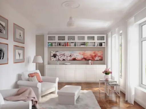 Ein helles Wohnzimmer mit weißem Sofa, Sessel, Bücherregal und Kirschblüten-Kunstwerk. Modernes **interior design** mit viel Licht.