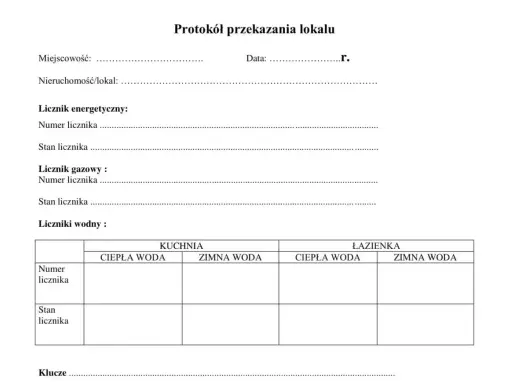 Protokół przekazania lokalu: dane o licznikach (energetyczny, gazowy, wodny) i kluczach. Dokument pomocny przy wynajem mieszkania jak się zabezpieczyć.