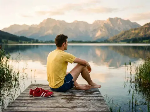 Mann in gelbem Shirt sitzt auf Steg am See, blickt auf Berge. Seine roten Schuhe liegen daneben. Perfekt für die taper week.