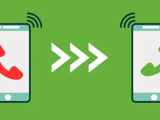 Ilustracja przedstawia dwa telefony, jeden z czerwoną słuchawką, drugi z zieloną, połączone strzałkami. Symbolizuje przekierowanie połączeń motorola.