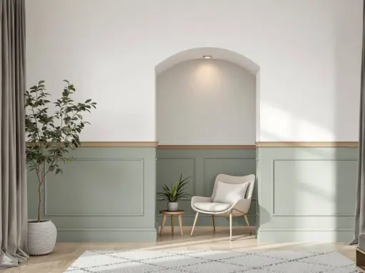 Un salon moderne avec un soubassement de mur peint en vert pâle, orné de moulures. Une niche cintrée au-dessus apporte une touche architecturale.