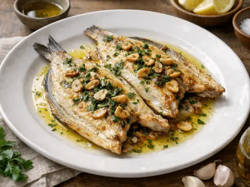 Lubina a la plancha con ajo laminado y perejil fresco, servida en plato blanco con aceite de oliva y limón al lado.