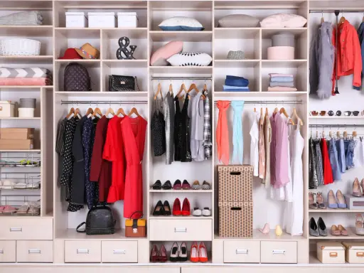 Come organizzare l'armadio con poco spazio: abiti, scarpe, borse e accessori ordinati su ripiani e appendiabiti.