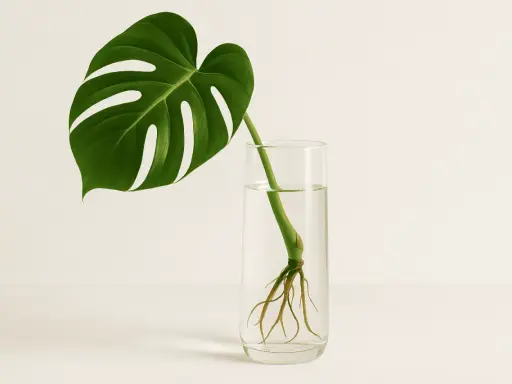 Ein Monstera-Ableger mit Wurzeln in einem Glas Wasser.