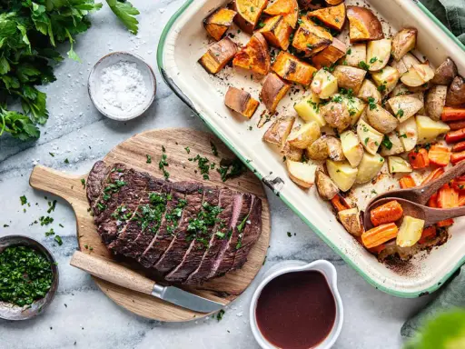 Skivad flankstek i ugn med rostade rotfrukter och en mustig sås. En härlig middag!