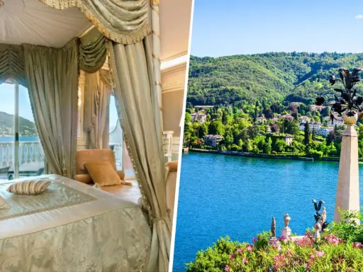 Lussuosa camera da letto con vista sul lago, perfetta per vacanze al lago da sogno. Paesaggio incantevole con ville e vegetazione lussureggiante.