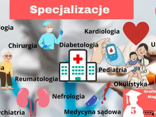 Ilustracja przedstawia różne specjalizacje medyczne, od alergologii po psychiatrię, sugerując ścieżki kariery po studiach dermatologicznych.
