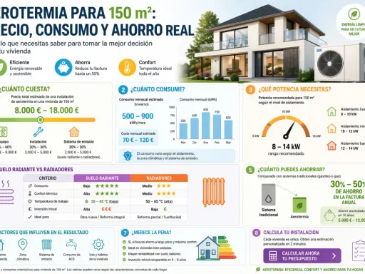 Infografía sobre aerotermia: precio, consumo y ahorro. Explica qué es la aerotermia, su coste, consumo, potencia necesaria y ahorro.
