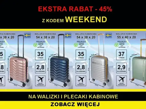 Cztery walizki kabinowe w różnych kolorach (różowa, granatowa, srebrna, zielona) z informacjami o wymiarach i wadze.
