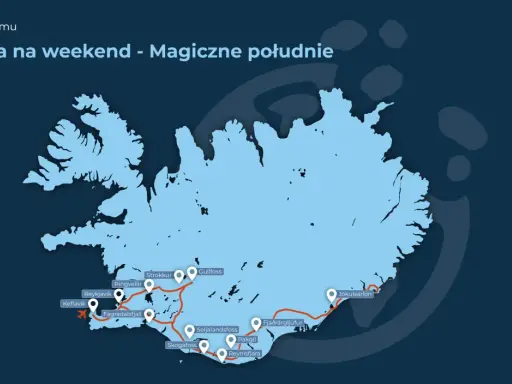 Mapa trasy "Islandia na weekend - Magiczne południe". Zaznaczone punkty: Reykjavik, Gullfoss, Jökulsárlón i inne atrakcje południowego wybrzeża.
