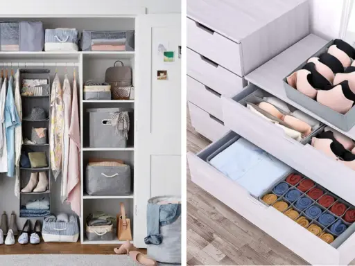 Ideas para organizar armarios por dentro: ropa colgada, zapatos, cajones con separadores para lencería y calcetines.
