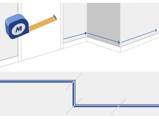 Mesurer les murs pour bien poser des plinthes. Le ruban à mesurer indique les longueurs.