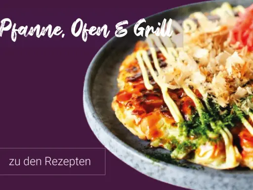 Leckere japanische Rezepte für Pfanne, Ofen & Grill. Ein Okonomiyaki mit Toppings.