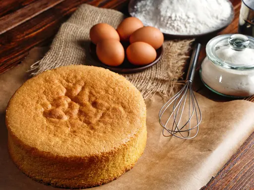 Biscuit Joconde doré, prêt pour la recette de Cyril Lignac. Œufs, farine et sucre à portée de main.