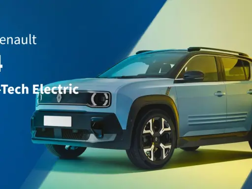 El nuevo coche eléctrico grande Renault 4 E-Tech Electric, con su diseño moderno y futurista, se presenta sobre un fondo degradado de azul a amarillo.