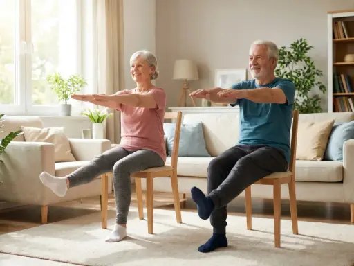 Uśmiechnięci seniorzy wykonują zestaw ćwiczeń dla seniorów w domu, siedząc na krzesłach i unosząc nogi.