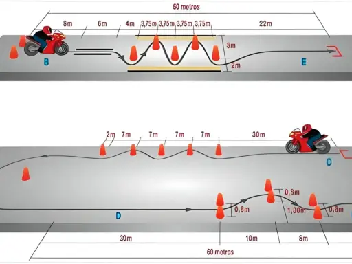 Diagrama de circuito para a1 moto con conos y medidas. Dos pistas de entrenamiento para motociclistas.