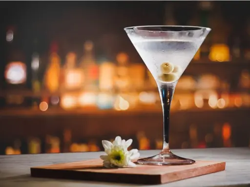 Martini extra dry z oliwkami, idealny do wieczornego relaksu. Na blacie stoi kieliszek z drinkiem i biały kwiatek.