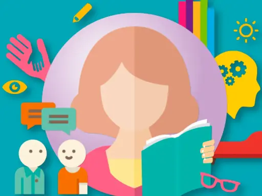 Ilustración sobre apoyo y comprensión para el trastorno específico del aprendizaje, con iconos de ayuda, comunicación y aprendizaje.