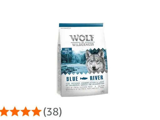 Sac de croquettes Wolf of Wilderness "Blue River" pour chien, sans céréales, avec un loup sur fond de rivière. Avis 5 étoiles.
