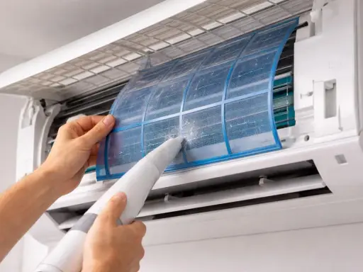 Nettoyage d'un filtre de climatisation poussiéreux. Un entretien régulier prolonge la durée de vie climatisation et assure un air sain.