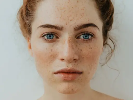 Visage d'une jeune femme aux yeux bleus perçants, sa peau parsemée d'une jolie tache de rousseur.