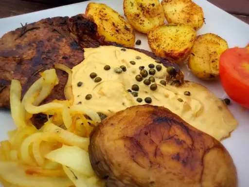 Stek z aromatycznym sosem z zielonego pieprzu, podany z pieczonymi ziemniakami, karmelizowaną cebulką i pomidorem.