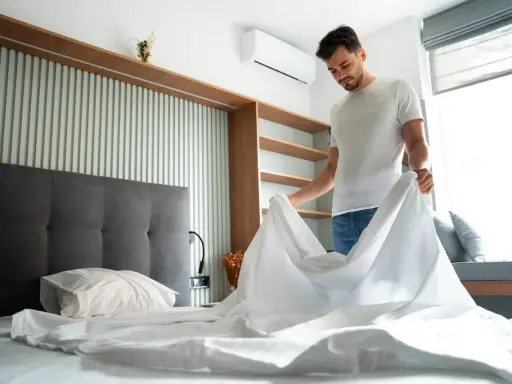 Hombre cambiando sábanas, un paso clave para saber como quitar acaros del colchon y mantener un ambiente fresco y saludable.