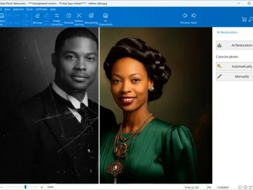 Un uomo in bianco e nero, graffiato, accanto a una donna colorata e ritoccata. L'app per fotografie mostra la trasformazione.