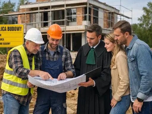Inwestorzy, prawnik i budowlańcy omawiają projekt domu. Nowelizacja prawa budowlanego może wpłynąć na ich plany.