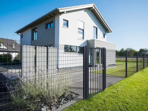 Maison moderne avec portail et pose grillage rigide, délimitant un jardin verdoyant.
