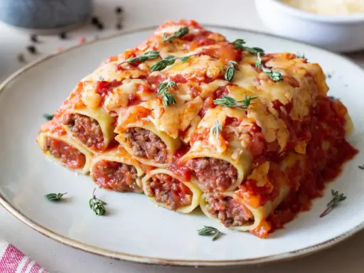 Pyszne cannelloni z mięsem mielonym, zapieczone pod sosem pomidorowym i serem, ozdobione gałązkami tymianku.
