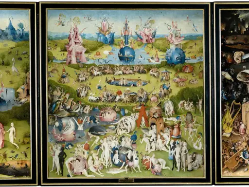 Hieronymus Bosch's "The Garden of Earthly Delights," one of the 10 most famous paintings, depicts paradise, earthly pleasures, and hell in three panels.