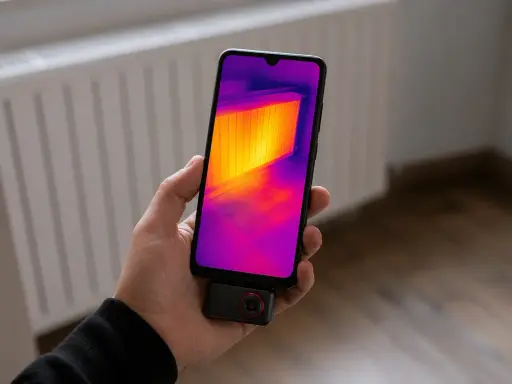 Telefon z termowizją pokazuje ciepło grzejnika.
