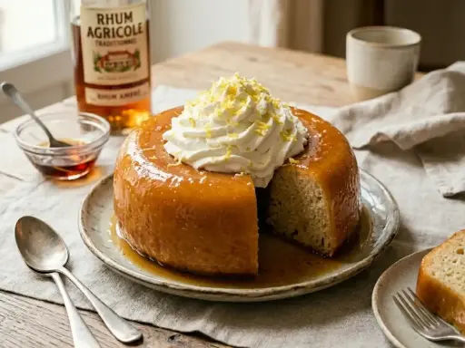 Un baba au rhum moelleux, nappé de sirop et garni de chantilly, prêt à être dégusté. Une invitation à la gourmandise.