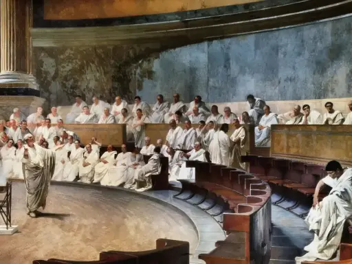 Män i toga samlas i en antik sal, en scen som skildrar en konstitutionell republik i full gång.