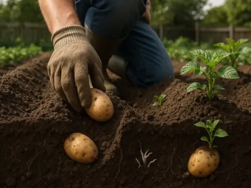 Main d'un jardinier plantant des pommes de terre, assurant un bon espacement pour une croissance optimale.