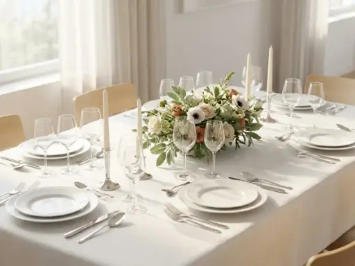 Élégant dressage d'une table à la française, avec un centre de table floral, des bougies et des couverts en argent.