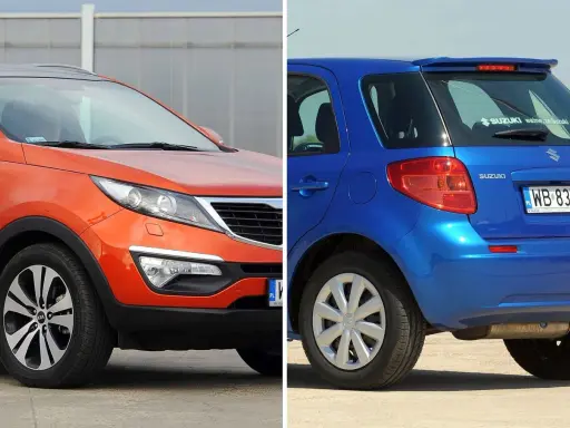 Pomarańczowy Kia Sportage i niebieski Suzuki SX4. Które z nich to najmniej awaryjne auta?