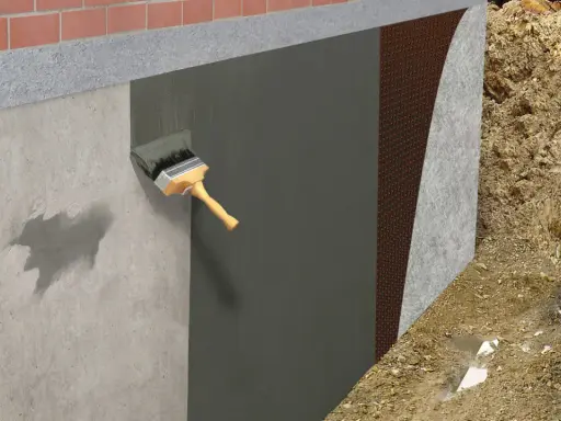 Aplicación de membrana para impermeabilizar pared exterior. Se ve una brocha aplicando material sobre el muro de concreto, seguido de una capa protectora y tierra.